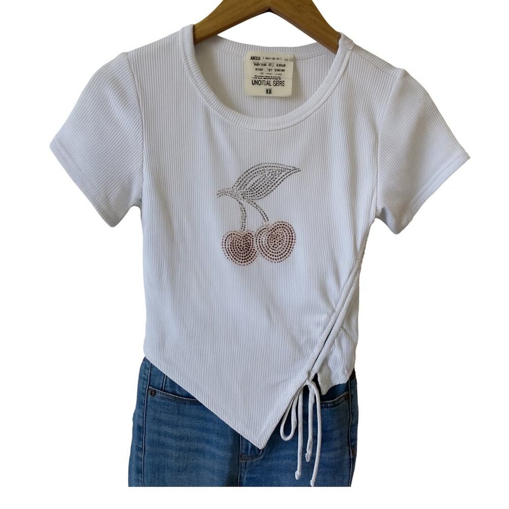 French Pastry Rhinestone Cherry Crop Top – Women’s Size X-Small